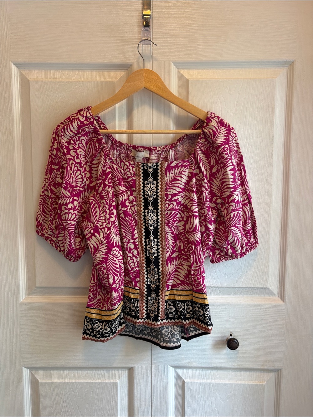 LOFT Magenta Floral Blouse with Black & Gold Trim